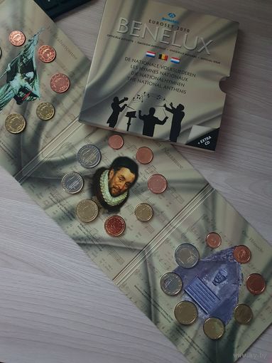 Бенилюкс 2010 год. 1, 2, 5, 10, 20, 50 евроцентов, 1, 2 евро Бельгии, Нидерландов и Люксембурга (юбилейная). Официальный набор монет в буклете.