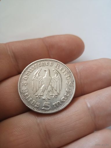 5 марок Гинденбург 1936 г. Германия  J, серебро