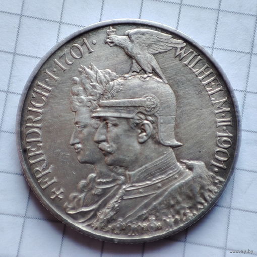 Пруссия 2 марки 1901 года. 200 лет Пруссии.Серебро.