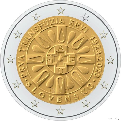 2 евро Словакия 2023 100 лет Первое переливание крови  UNC из ролла