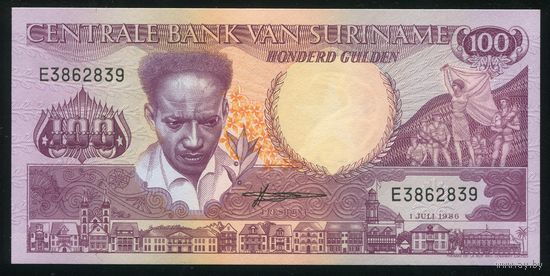 Суринам 100 гульденов 1986 г. P133a. Серия E. UNC