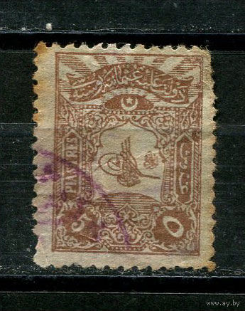 Османская Империя - 1905 - Тугра Абдул-Хамида II 5Pia - (есть помятость) - [Mi.120C] - 1 марка. Гашеная.  (Лот 17JD)-TG2P1