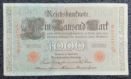 1000 марок Германия 1910 г. литера К (красная печать)