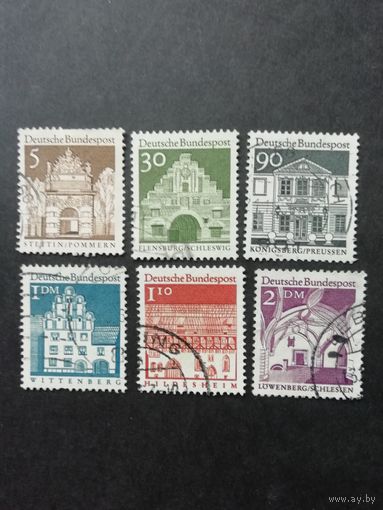 ФРГ 1966 Шесть марок из серии "Стандарт. Памятники архитектуры" (гашеные без клея) Мi.489,493,499-501,503 каталог 2.60 евро