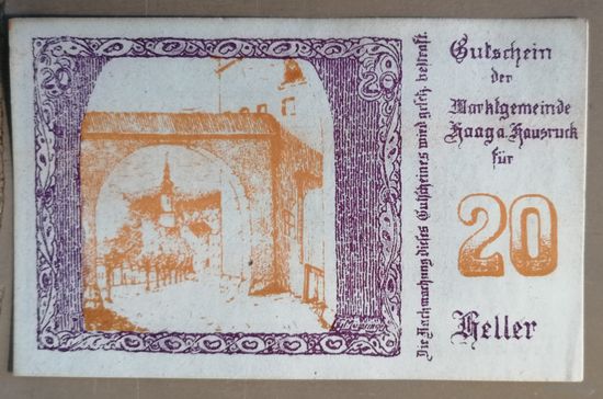 Австрия, нотгельды, 20 геллеров, пфеннигов 1920 год, Хааг на Хаусрук (Haag am Hausruck), верхняя Австрия,