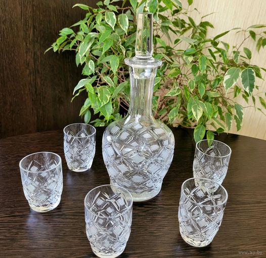 Набор для крепких напитков, хрусталь СССР, алмазная грань, графин, стопки 5 шт.