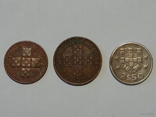 Монеты Португалии, 20 сентаво 1938 г, 50 сентаво 1970 г, 2,5 эскудо 1964 г. Одним лотом без МЦ.