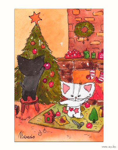 Открытка. Коты. Котики. Котята. Семья. Фауна, животные. С новым годом! Елочка, украшения. Худож. А.Еременко (чистая)