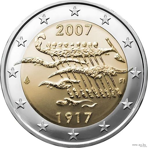 2 евро 2007 Финляндия 90 лет Независимости UNC из ролла