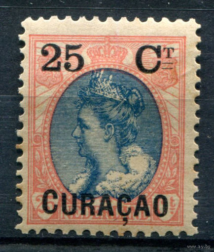 Нидерландские колонии - Кюрасао - 1901/02г. - королева Вильгельмина, надпечатка 25 с - 1 марка - MH с жёлтыми пятнышками на зубчиках перфорации [Mi 33]. #3-WB-93-A-1