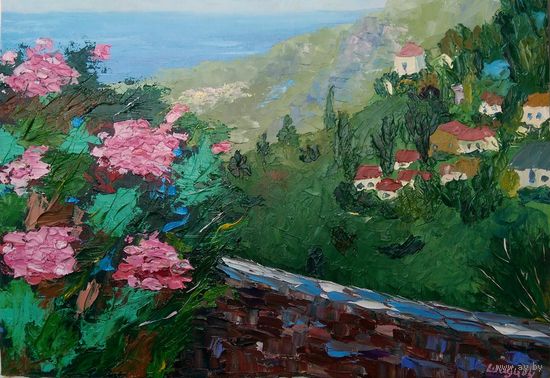 Картина маслом "Прованский городок". Мастихин, холст на картоне 40х30 см