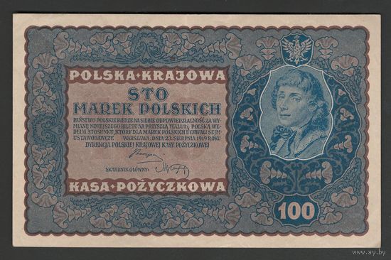 Польша 100 марок 1919 года. Тип Р-27(2). Состояние аUNC