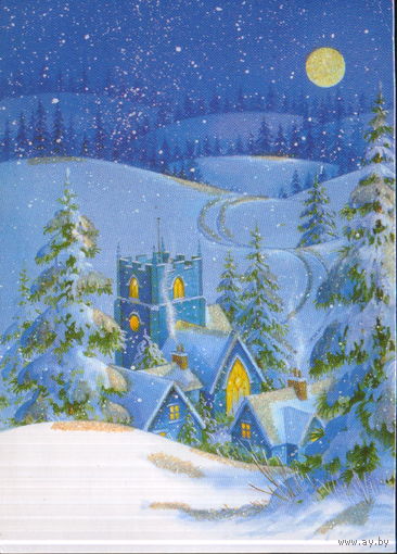 Подписанная двойная открытка Великобритания "С Рождеством! Ночной пейзаж"