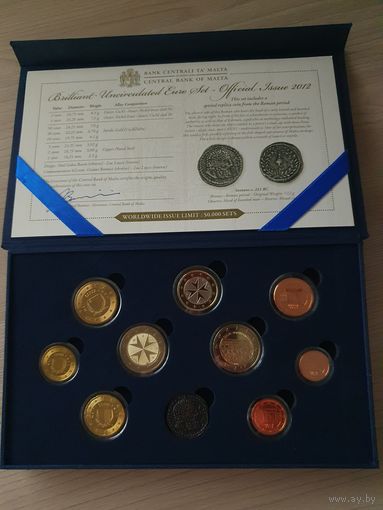 Официальный набор монет евро 2012 года Мальты регулярного чекана 1, 2, 5, 10, 20, 50 центов, 1 и 2 евро и 2 евро Совет большинства 1887 года. BU