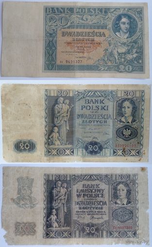 20 злотых 1931г + 20 злотых 1936г + 20 злотых 1940г, комплект с 1 рубля (распродажа коллекции).