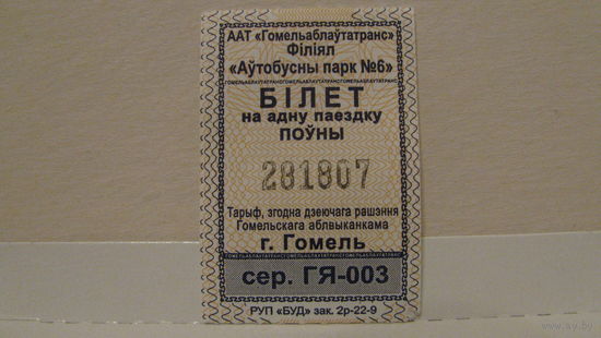 Билет на автобус, Гомель, 2022г., сер. ГЯ-003