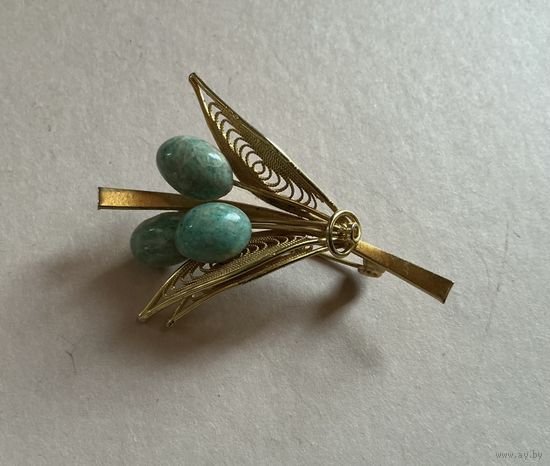 Брошь Веточка Амазонит Камень Германия винтаж