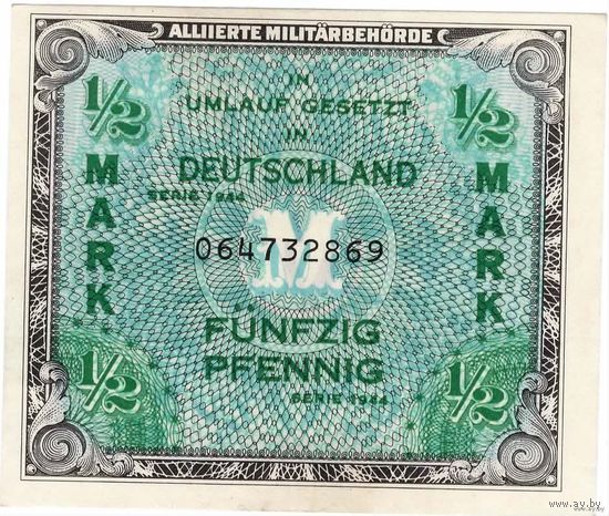 Германия, 1944 г., союзная оккупация, 1/2 марки, "J" в виньетке, американская зона.