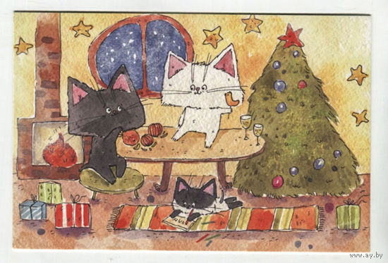 Открытка. Коты. Котики. Семья. Фауна. С новым годом! Елочка, подарки. Художник Анастасия Еременко (чистая)