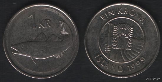 Исландия km27a 1 крона 1999 год (алб.albI-r