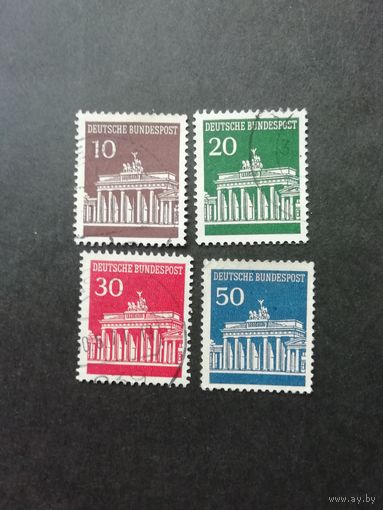 ФРГ 1966 Четыре марки из серии "Стандарт. Бранденбургские ворота" (гашеные без клея) Мi.506-509 каталог 1.40 евро