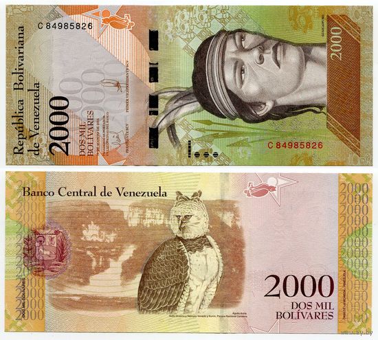 Венесуэла. 2000 боливаров (образца 2016 года, P96b, подпись 2, вз-Боливар, UNC)