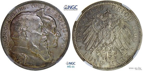 5 марок 1906 г. Баден. Германия. 50 лет свадьбе Фридриха I и Луизы Прусской. NGC MS 64. Серебро. КМ# 277