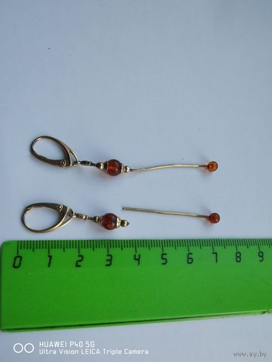 Серебрянные Серьги серебро позолота натуральный янтарь самая привлекательная цена трёхдневный аукцион