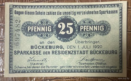 Нотгельд 25 пфеннигов 1920 год. Бюккебург. Веймарская республика