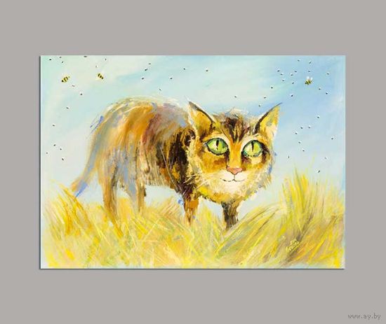 Открытка. Фауна. Животные. Кот. Котик. Осень. В поле ищет мышь. (чистая)