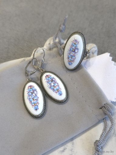 Комплект серьги и кольцо, скань, финифть, винтаж, СССР, мельхиор