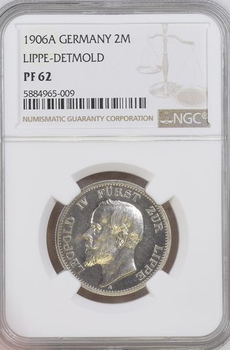 Германия. Липпе. 2 марки 1906 А. В слабе NGC PF62