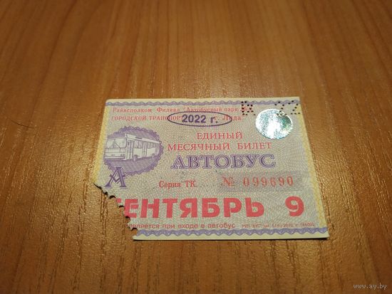 Проездной единый месячный билет. Автобус. Беларусь, Лида, сентябрь месяц 2022 года.