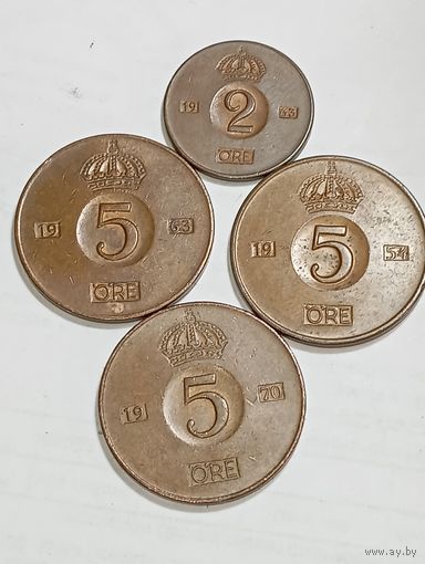 Швеция 2 эре 1963 года и 5 эре 1954,1963,1970 года .