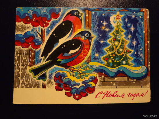 С Новым годом!  1975 г.  Снегири, рябина, окно.  подписанная.