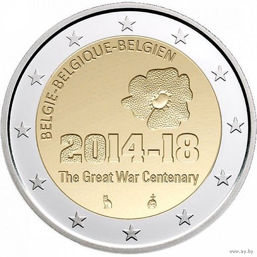 2 евро 2014 Бельгия 100 лет началу Первой Мировой войны UNC из ролла