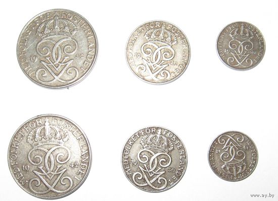 5,2,1 оре Швеции 1942-1950. Железо. Два комплекта.Цена за одну монету