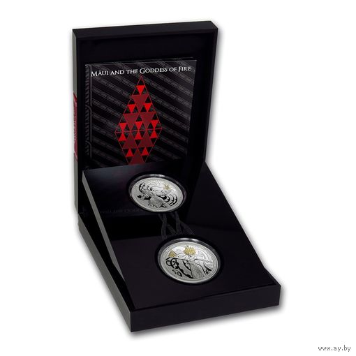 RARE Новая Зеландия 2х1 доллару 2019г. "Боги: Мауи и Махуика". Монеты в капсулах; подарочном футляре; сертификат; коробка. СЕРЕБРО 2х31,10гр.(2 oz).