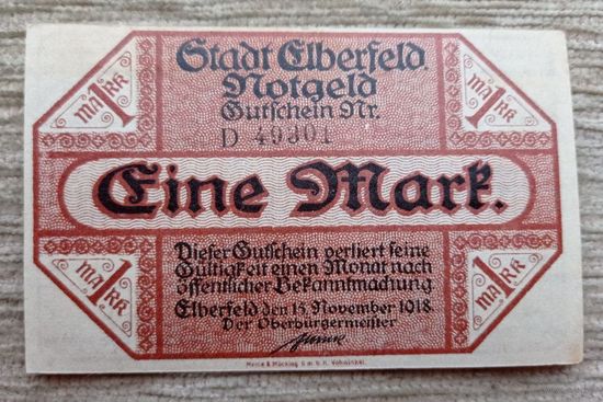 Werty71 Германия 1 марка 1918 Эльберфельд банкнота