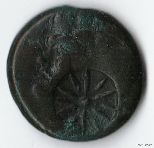 Пантикапей Тетрахалк  ЛС - Голова Сатира влево. Надчекан в виде звезды IV-III век до Н.Э.