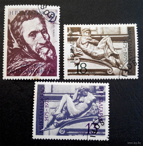 Болгария 1975 г. 500-летие Микеланджело. Скульптура. Искусство, полная серия из 3 марок #0031-И1P6