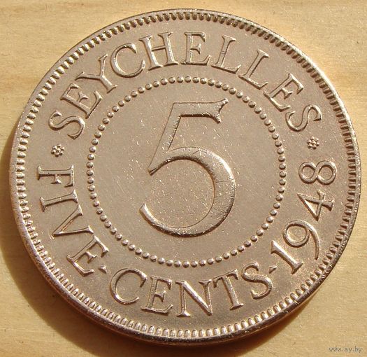 Сейшельские острова. 5 центов 1948 год  КМ#7  Редкая!!!   Тираж: 300.000 шт