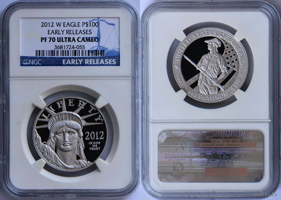 100 долларов 2012 г. W. Американский Платиновый орел. США. NGC PF70 ULTRA CAMEO. Платина. Цена! KM# 541