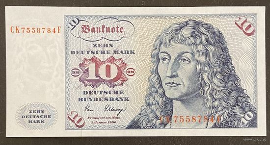 Банкнота 10 марок 1980 год. ФРГ. Альбрехт Дюрер. НЕ БЫЛА В ОБОРОТЕ.