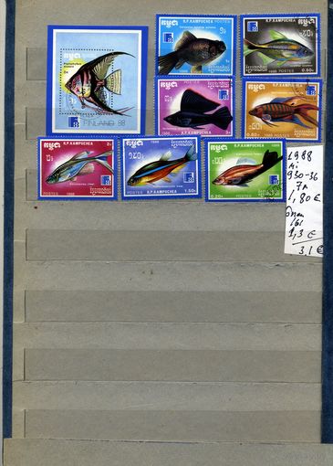 КАМБОДЖА, 1988, РЫБЫ, серия 6м, + блок ,  гашен