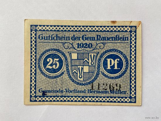 Нотгельд 25 пфеннигов Рауэнфштейн. Веймарская республика - 1602 (3)