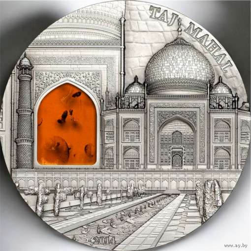 RARE Палау 10 долларов 2014г. Искусство минералов: "Тадж-Махал. Янтарь". Монета в капсуле; сертификат; подставка. СЕРЕБРО 62,20гр.(2 oz).