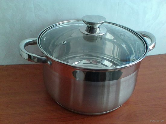 Кастрюля - Нержавеющая Сталь - Со Стеклянной Крышкой - Объём 6,2 литра.