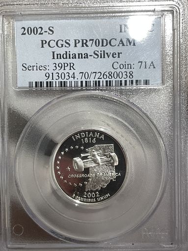 25 центов 2002 -s штат индиана pcgs pf 70 dcam высшая оценка !! очень красивая серебряная монета с рубля !