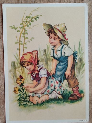 Мальчик, девочка и божбя коровка. Германия. 1950-е. Подписана.